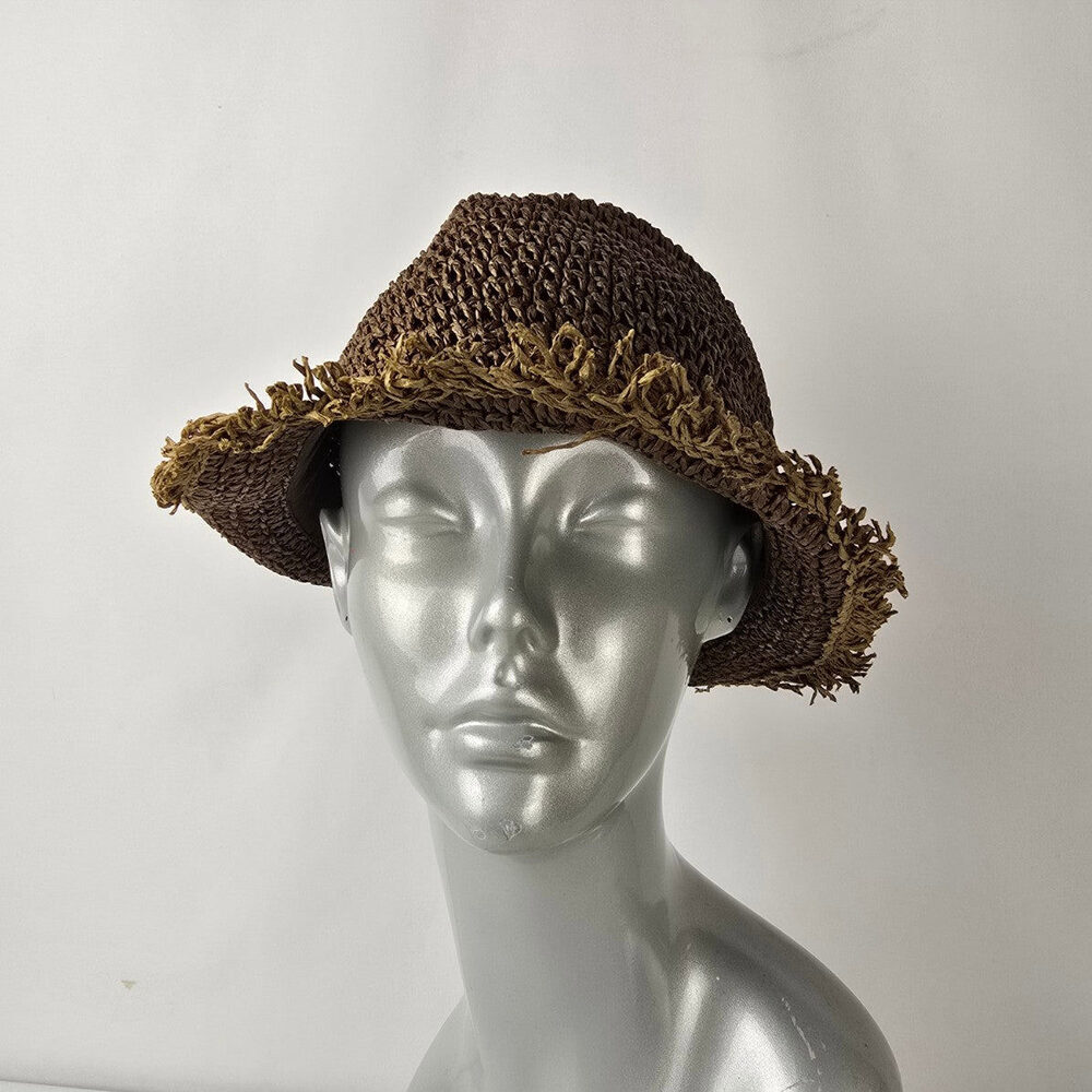Glory Dobbs Woven Straw Bucket Hat Frayed Brim
